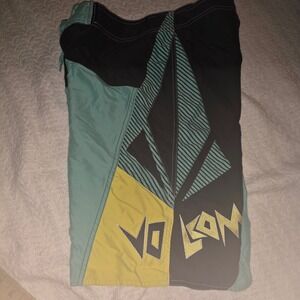 Volcom Board Shorts Mens 32 Teal Yellow Black Good Modtech Surf Skate Swim Trunk